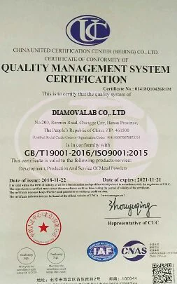 Historical DiamovaLab quality management system certificate showing an ISO 9001:2015 standard reference, metal powders scope and validity from 22 November 2018 to 21 November 2021