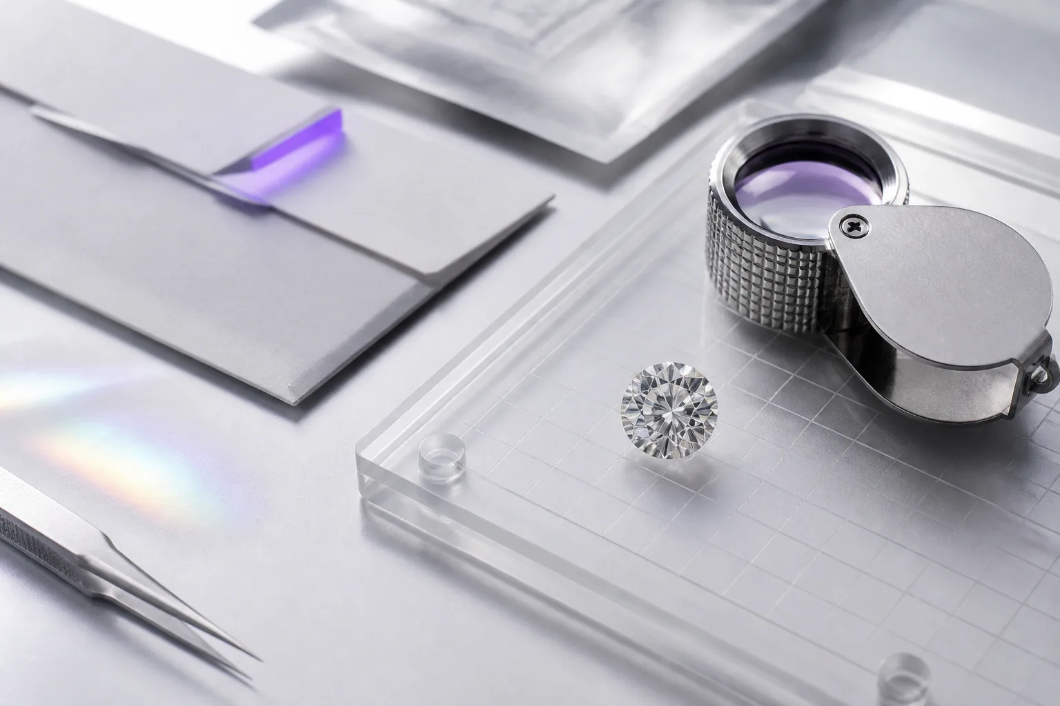 Illustrative diamond inspection scene with a faceted stone and a jeweller’s loupe