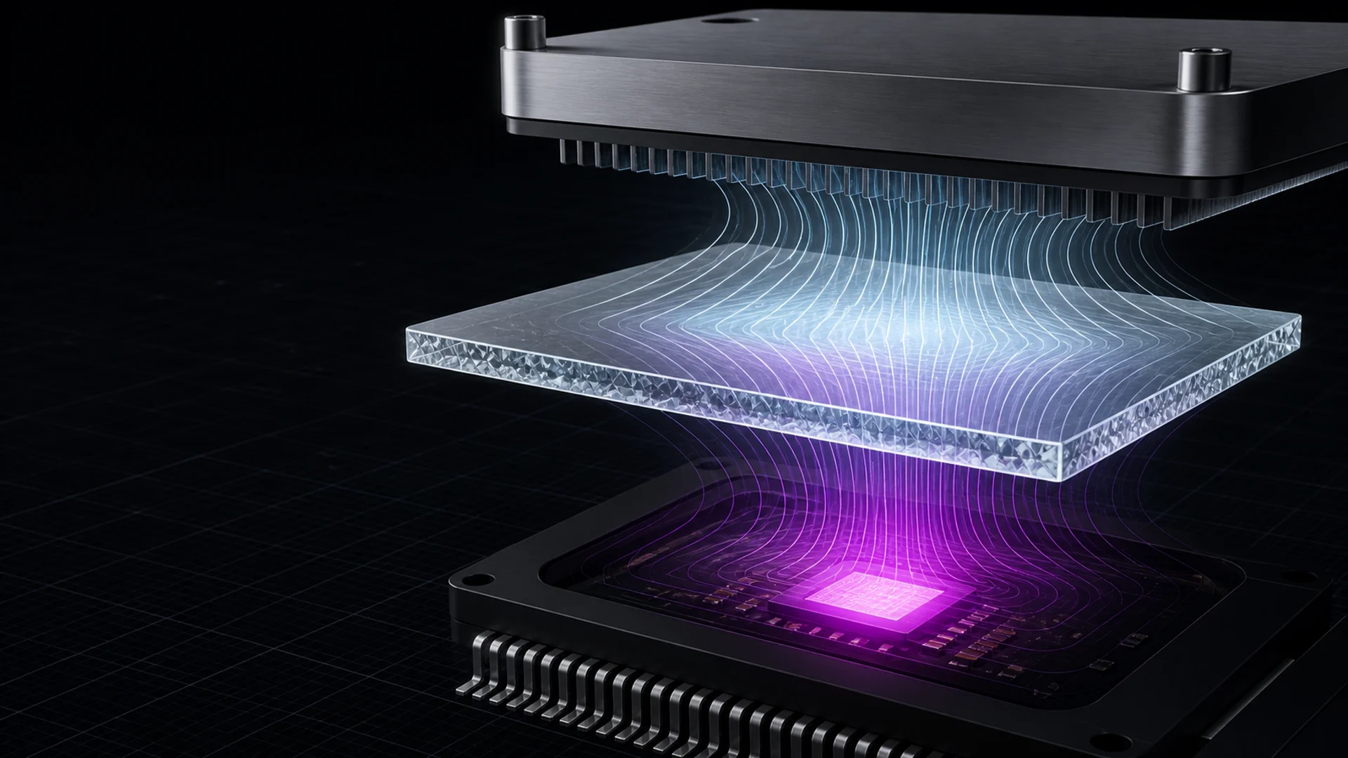 AI-generated conceptual heat path from a semiconductor hotspot through a CVD diamond heat spreader toward a cooler